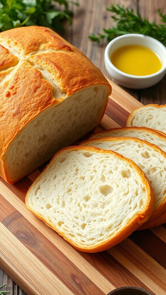 Delicious Low-Calorie Bread Recipe A loaf of low-calorie bread, sliced and placed on a wooden cutting board, with herbs and olive oil in the background.